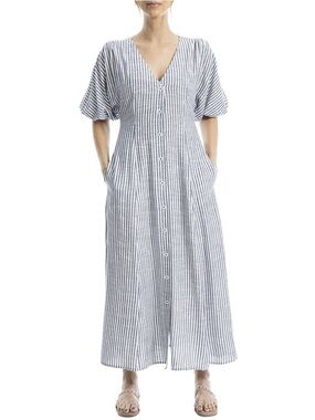 Fit and flare Max Studio LondonStriped Button-Front Maxi Dress with puff sleeves